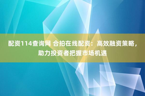 配资114查询网 合拍在线配资：高效融资策略，助力投资者把握市场机遇